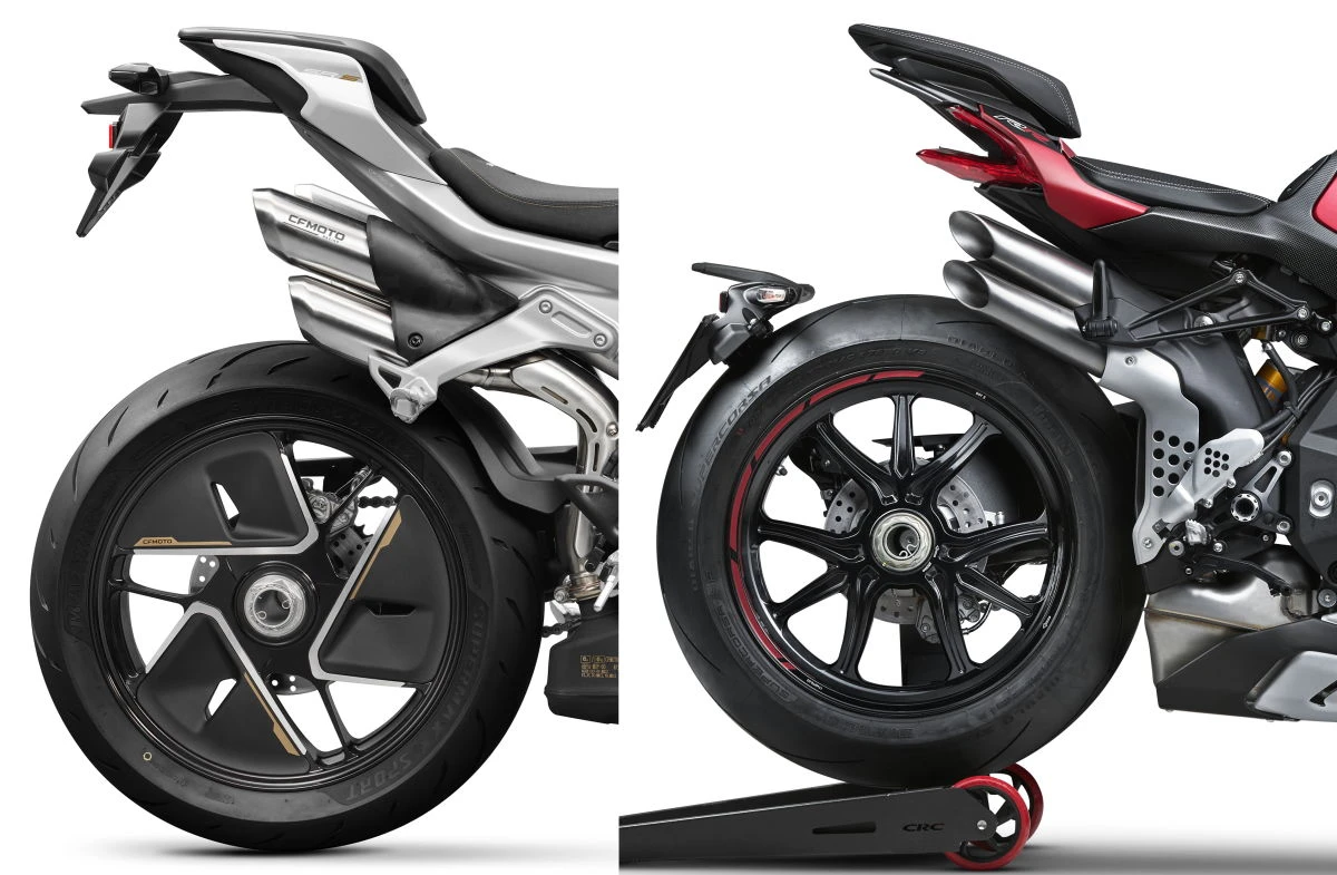 La partie arrière d'une CFMOTO 750 SR-S et celui d'une MV-Agusta 1000 Brutale