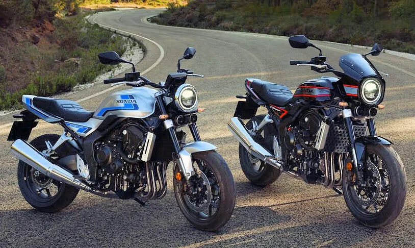 Une Honda CB 1000 F devant une route sinueuse et une Honda CB 1000 F avec un saute-vent