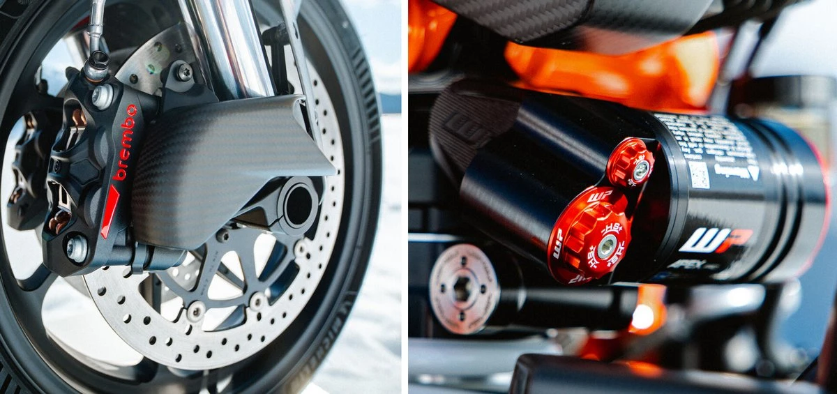 les étriers de frein Brembo Hypure, un disque de frein, une pièce en carbone et un amortisseur de moto KTM Superduke 1390 RR