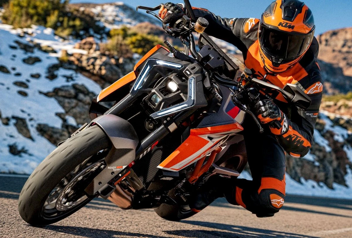 Une moto KTM Superduke 1390 RR, une motard en combinaison orange et noir et de la neige sur le bord d'une route
