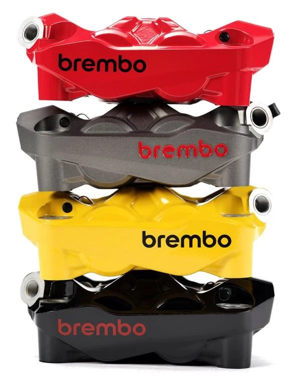 Des étriers de frein Brembo Hypure en coloris rouge, gris, jaune et noir