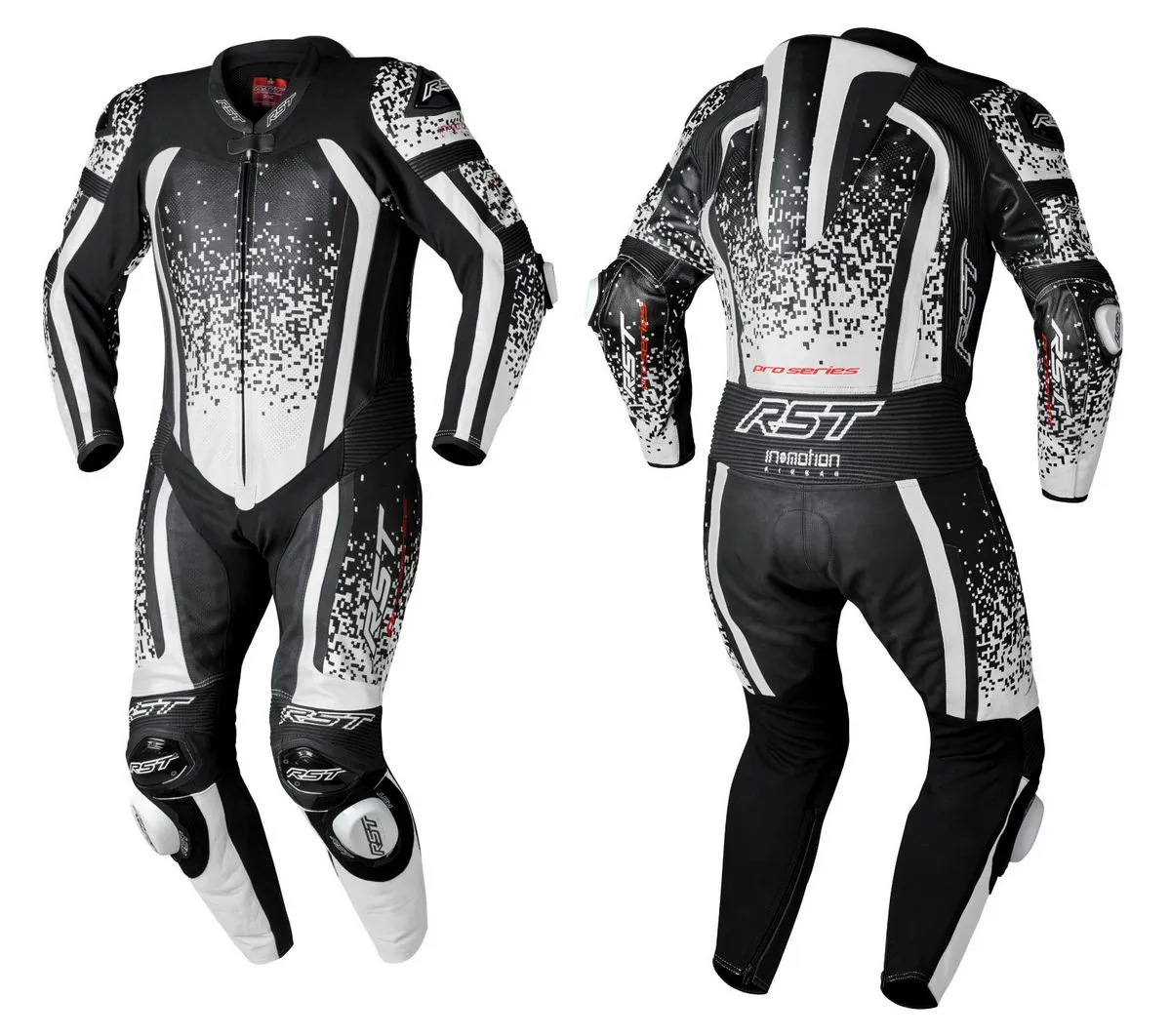 Une combinaison moto Pro Series de RST blanche et noire