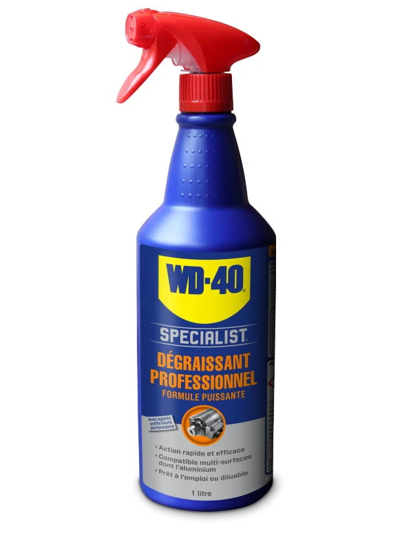 un flacon bleu rouge et jaune de WD-40 Dégraissant Professionnel