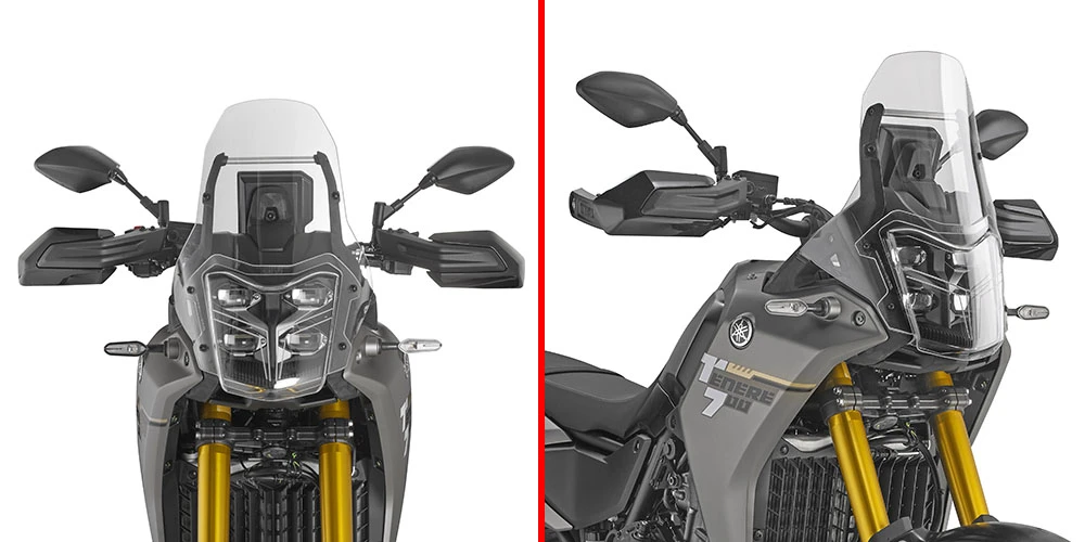 Protection de phare incolore GIVI HLP2174ST installée sur la face avant de la Yamaha Ténéré 700.