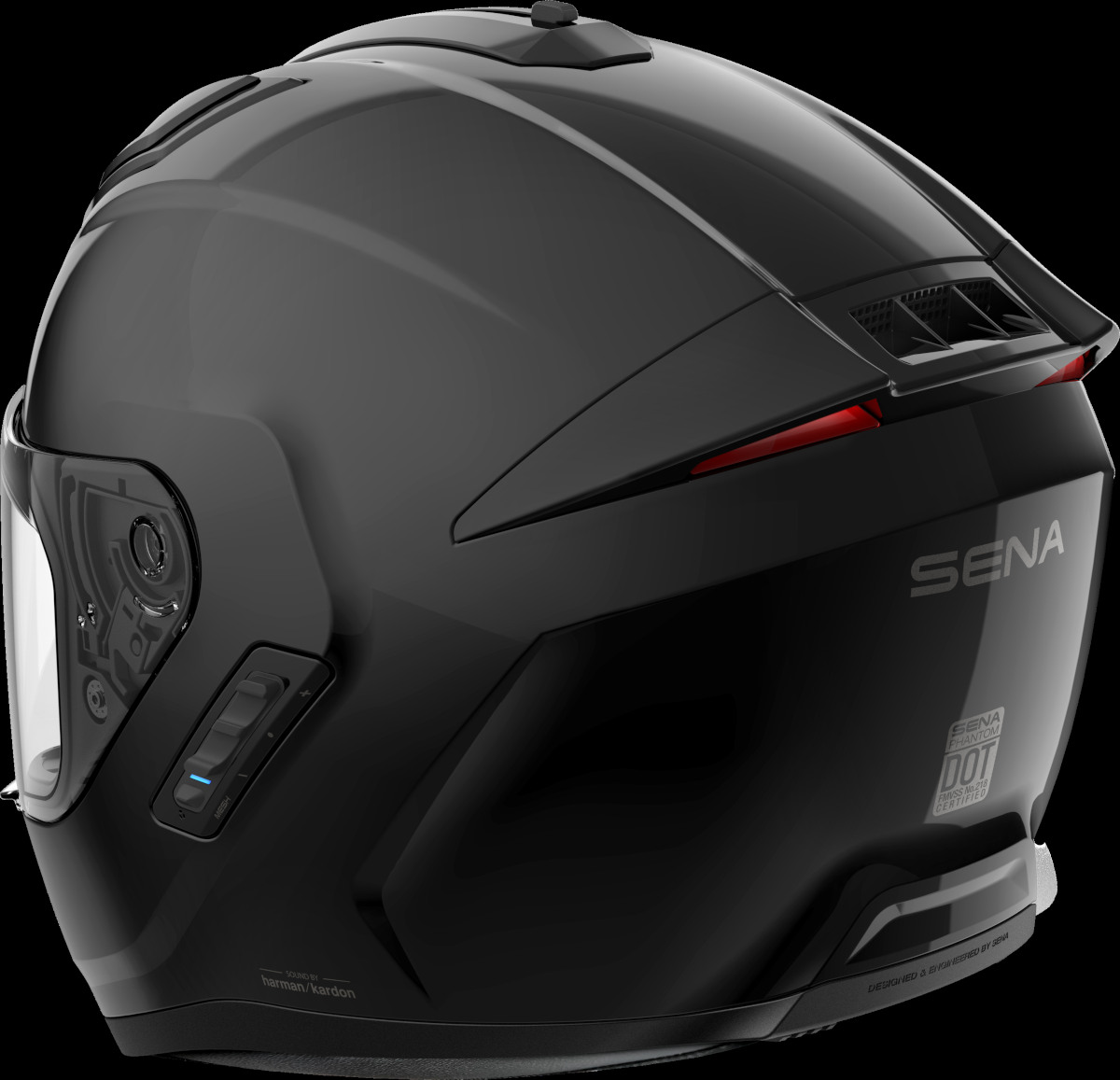 SENA Phantom ANC helmet in black, seen from behind with its brake lights