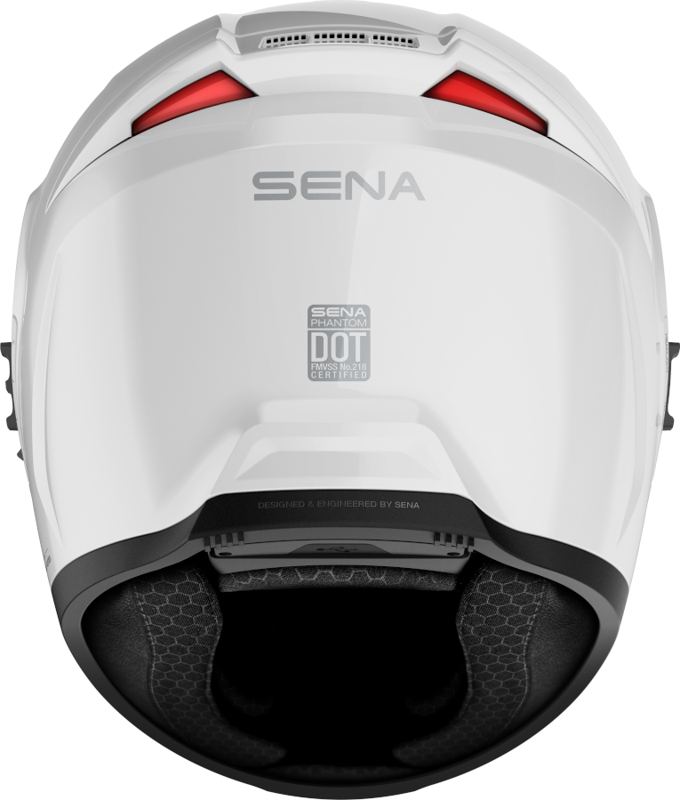 SENA Phantom ANC helmet in white, seen from behind with its brake lights