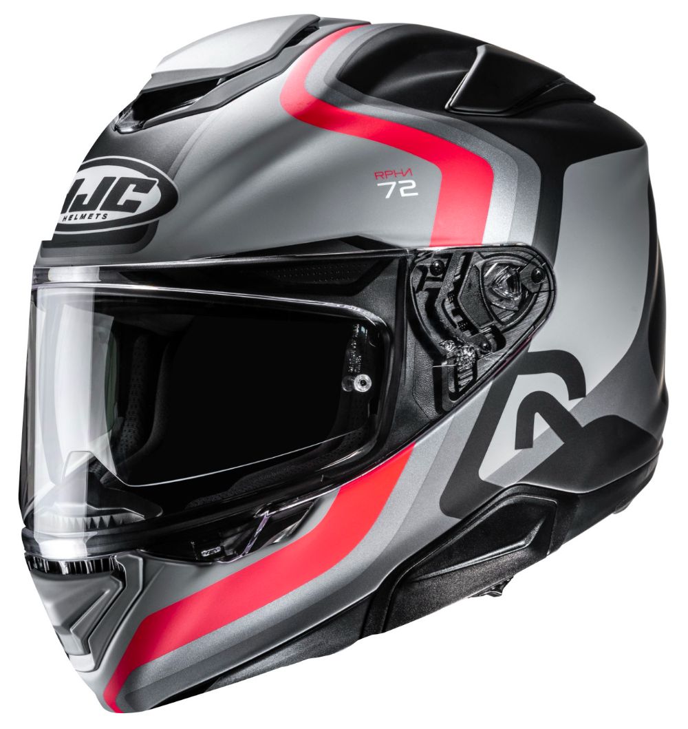 A gray and red HJC Rpha 72 Ernem helmet