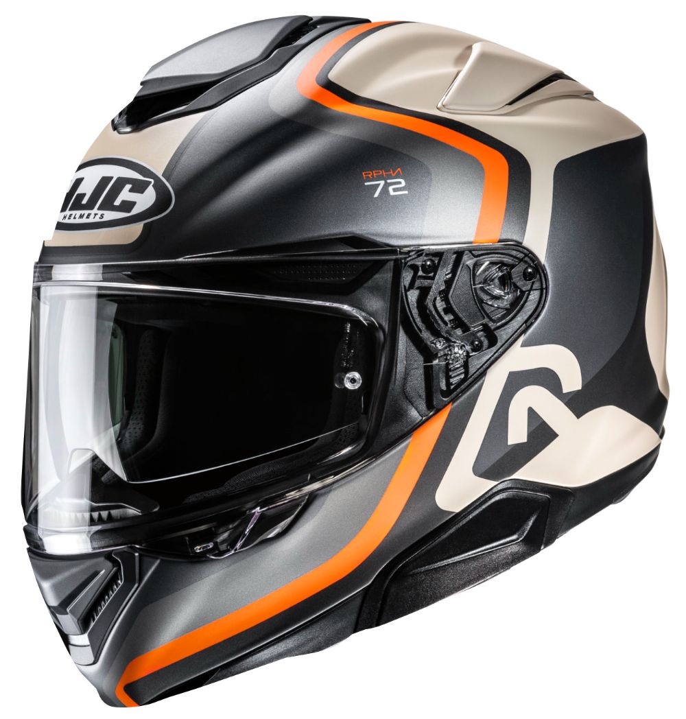 A gray, orange, and beige HJC Rpha 72 Ernem helmet