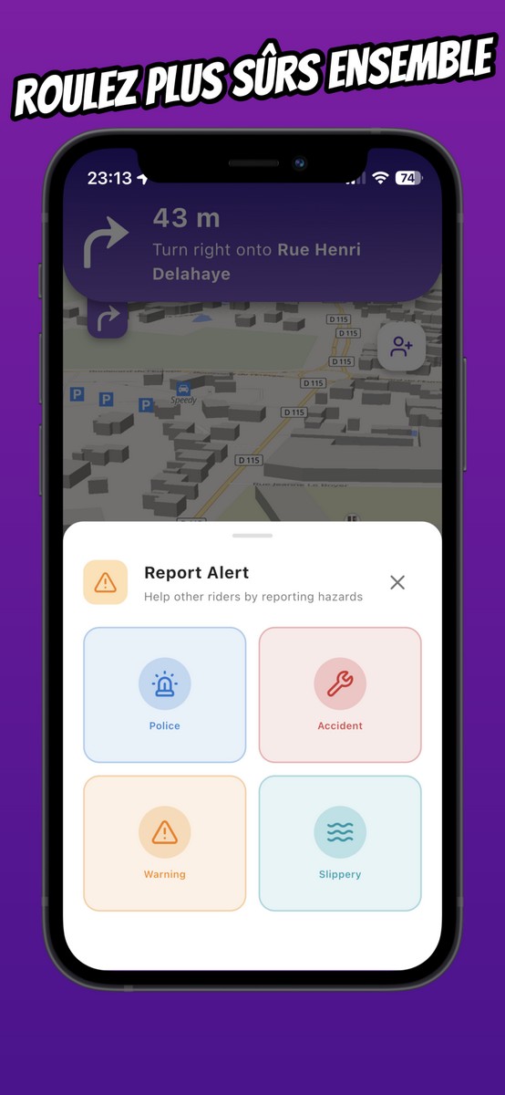 The Vroom GPS app lets you send alerts using the quick-access buttons