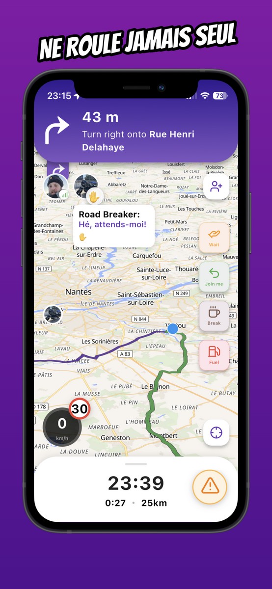 The Vroom GPS app displays your ride buddies on the map