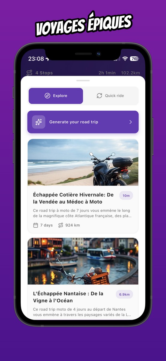 The Vroom GPS app offers suggestions for motorcycle rides