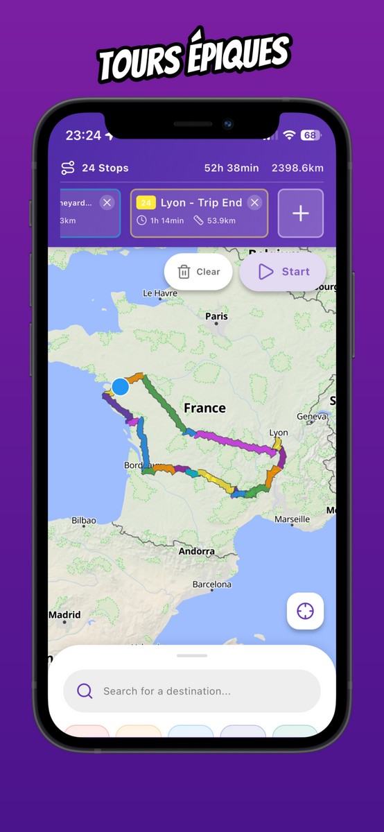 The Vroom GPS app, featuring a loop through Lyon and then Bordeaux, for epic rides