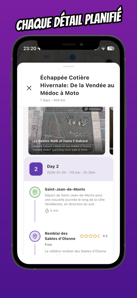 The Vroom GPS app details the stages of the journey day by day