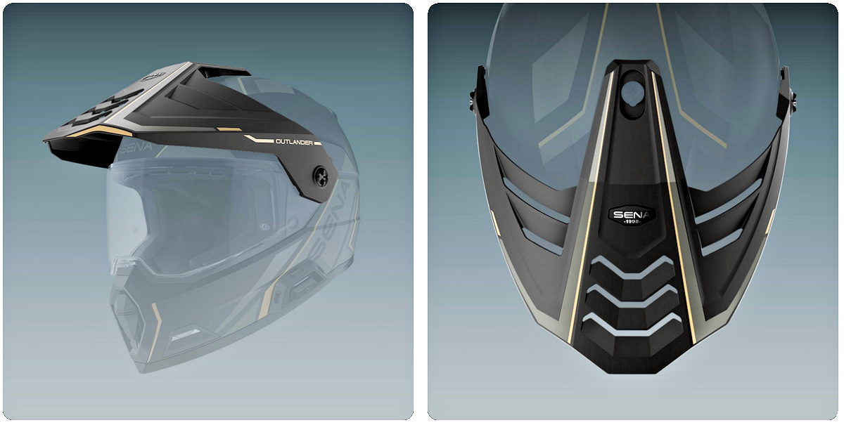 The visor of a black Sena Outlander helmet