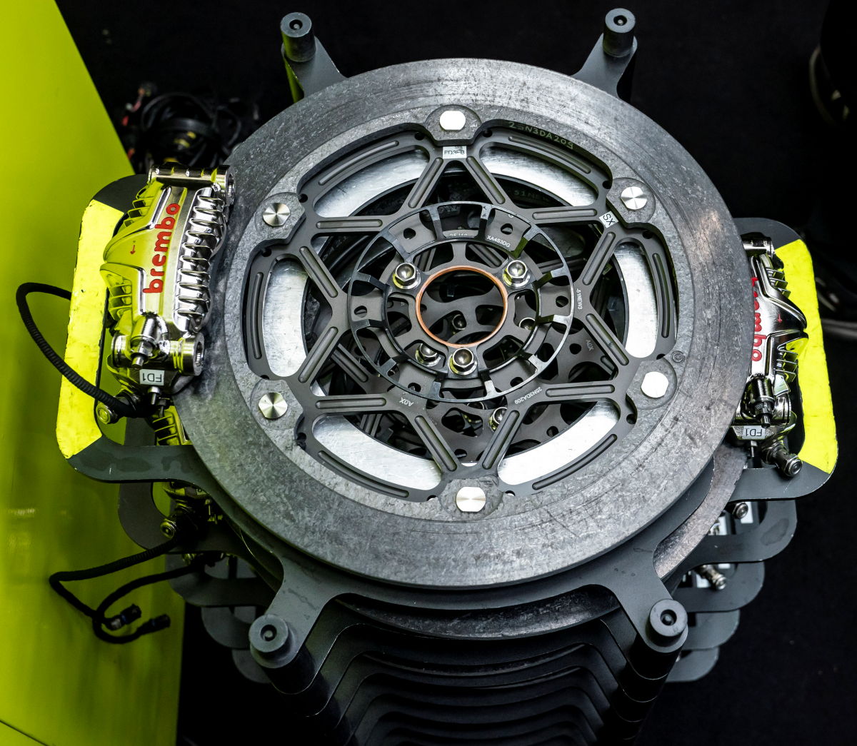 A stack of MotoGP carbon brake discs