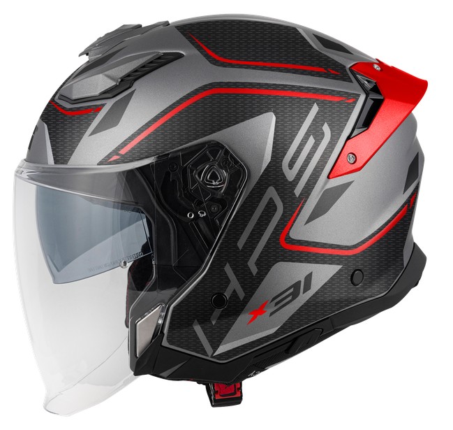 A gray and red GIVI X31 jet helmet