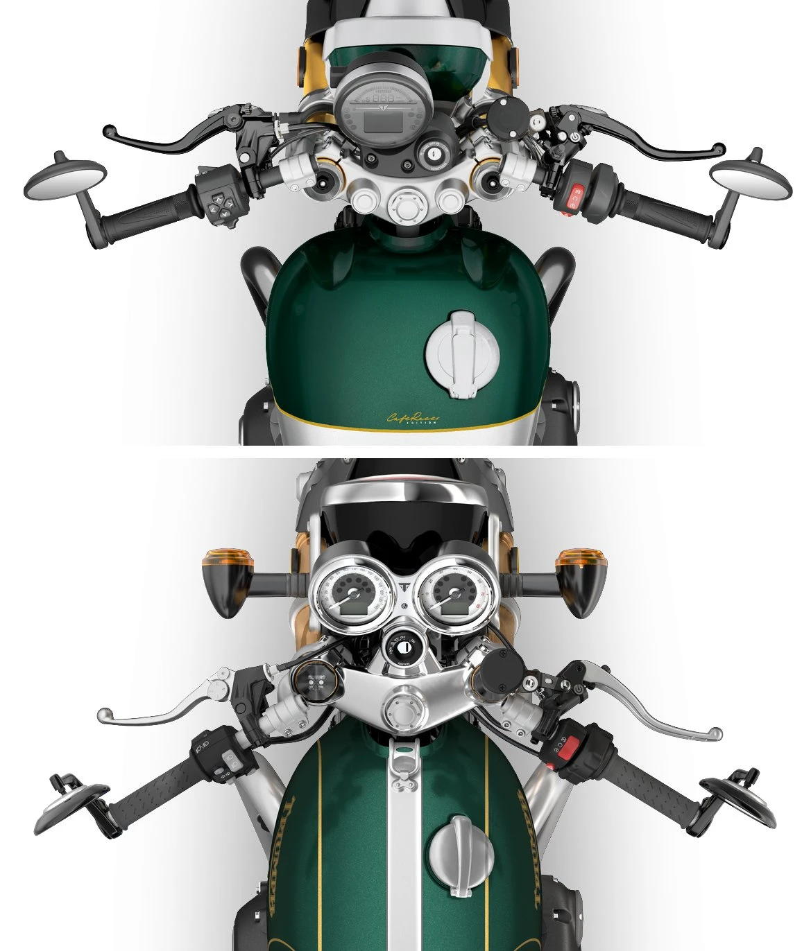 Les postes des pilotages des Triumph 1200 Thruxton et Speed Twin 1200 Café Racer Edition