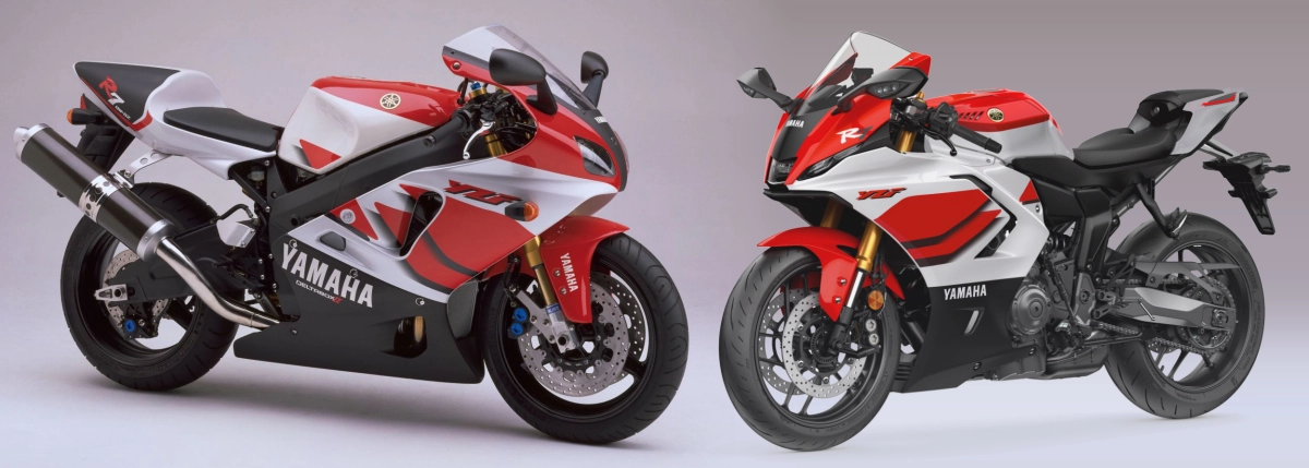 Une Yamaha 750 YZF-R7 de 1999 à coté d'une Yamaha 700 R7 de 2026 en coloris 70ème anniversaire