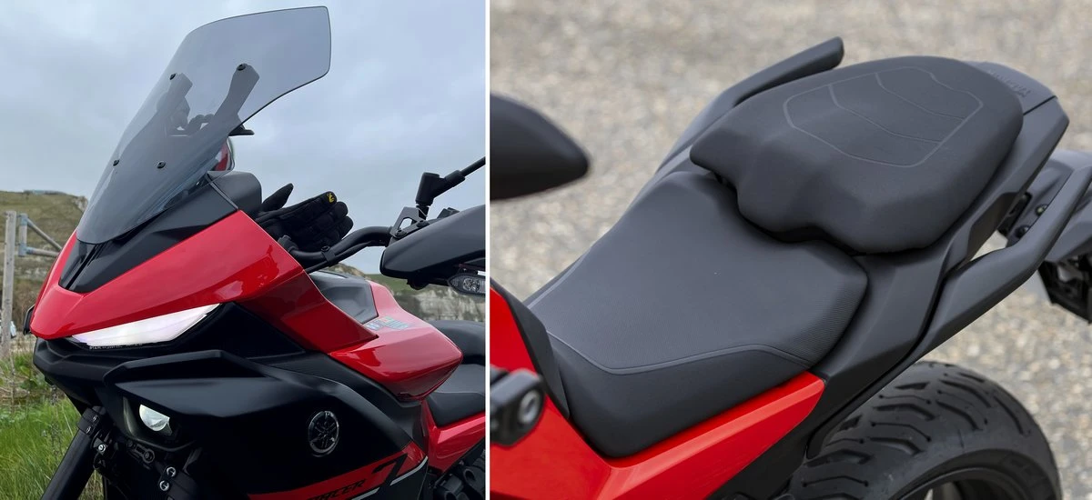 L'avant, la bulle, et les selles d'une moto Yamaha Tracer 7 rouge